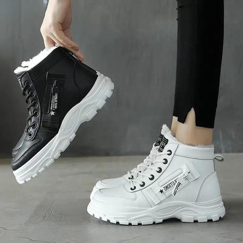 2024 Fleece-Lined Cotton Shoes for Women Korean Style Warm High-Top Martins All-Match Winter Footwear for Students