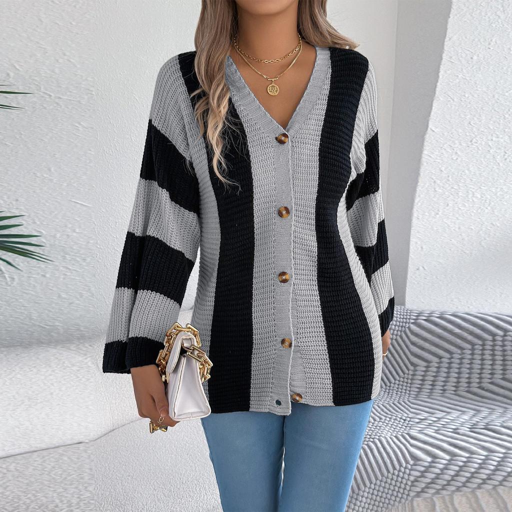 Women's Contrast Striped Flared Sleeve Cardigan Long Sleeve Sweater