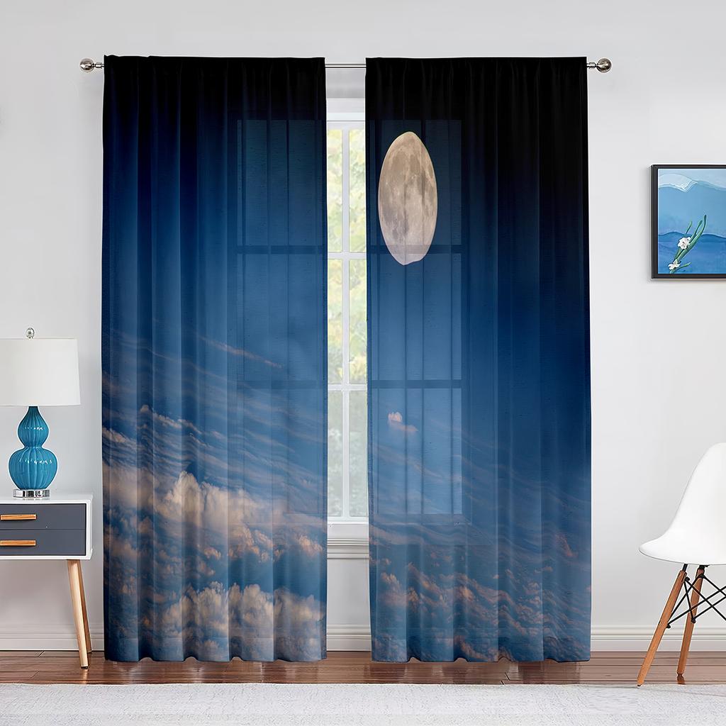 Тюлевые шторы «Звездная ночь» с пейзажем неба и звездами и луной для гостиной, спальни, кухни, декор, шифоновая прозрачная вуаль, оконная занавеска