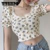 Футболка с цветочным принтом во французском пасторальном стиле, женская футболка с квадратным воротником и пышными рукавами, короткий тонкий низ, летний топ с короткими рукавами