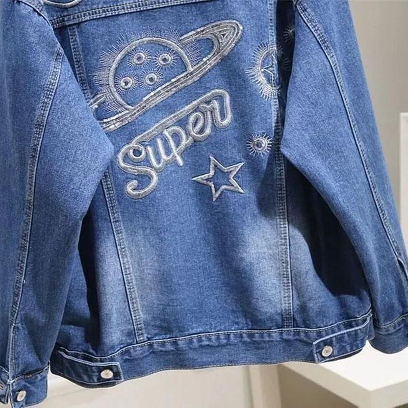 Плюс размер M-5XL ковбойская куртка женская осенняя вышивка свободная баска повседневное пальто