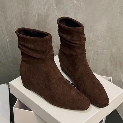 Ботильоны на плоской подошве из замши, теплые женские туфли, зимние брендовые повседневные туфли с квадратным носком, челси 2025 года, трендовые зимние ботинки на низком каблуке Mujer Zapatos