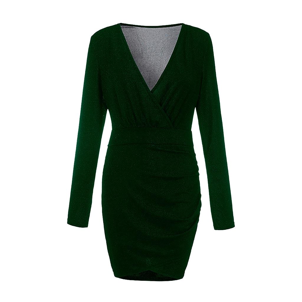 Женское однотонное блестящее вечернее платье с длинными рукавами и V-образным вырезом, сексуальная сумка на бедрах, платье длиной до колена