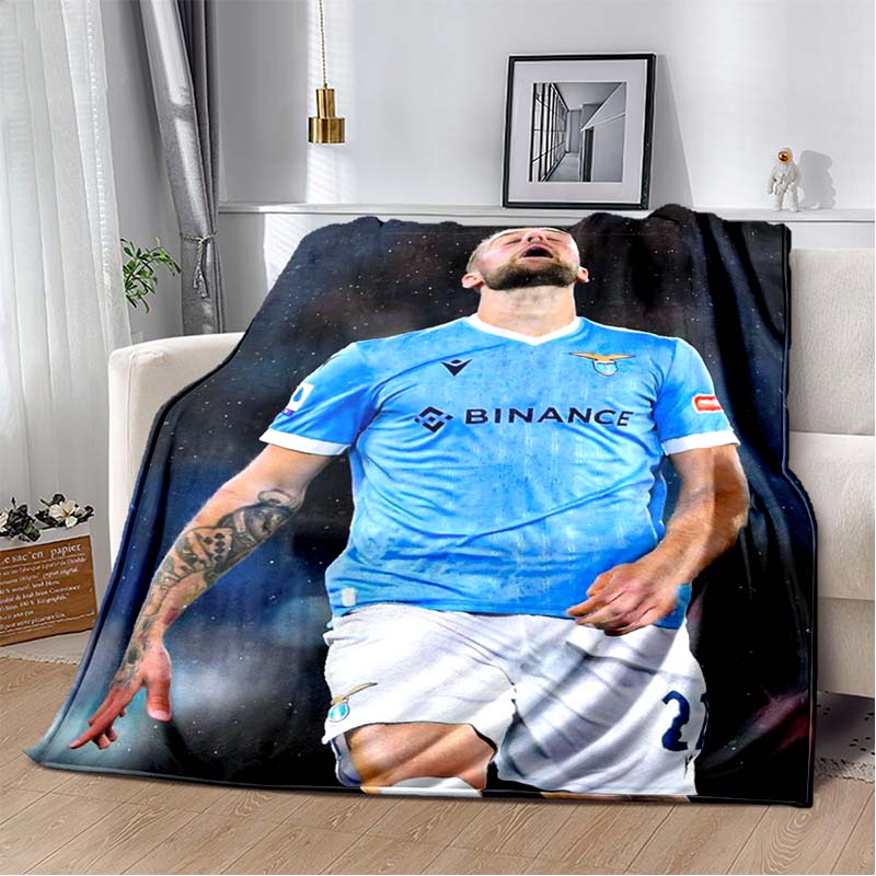 Vintage Lazio Football Star Light Blue Eagle Jersey Portrait Flannel Blanket Soft Warm Lightweight Sports FanWashable Throw Blanket Sofa Bedroom Decor
