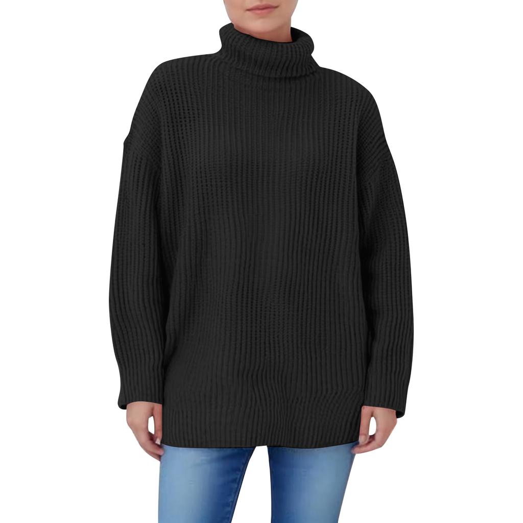 Women's Solid Color High Neck Long Sleeved Knitted Sweater Top Loose Sweater