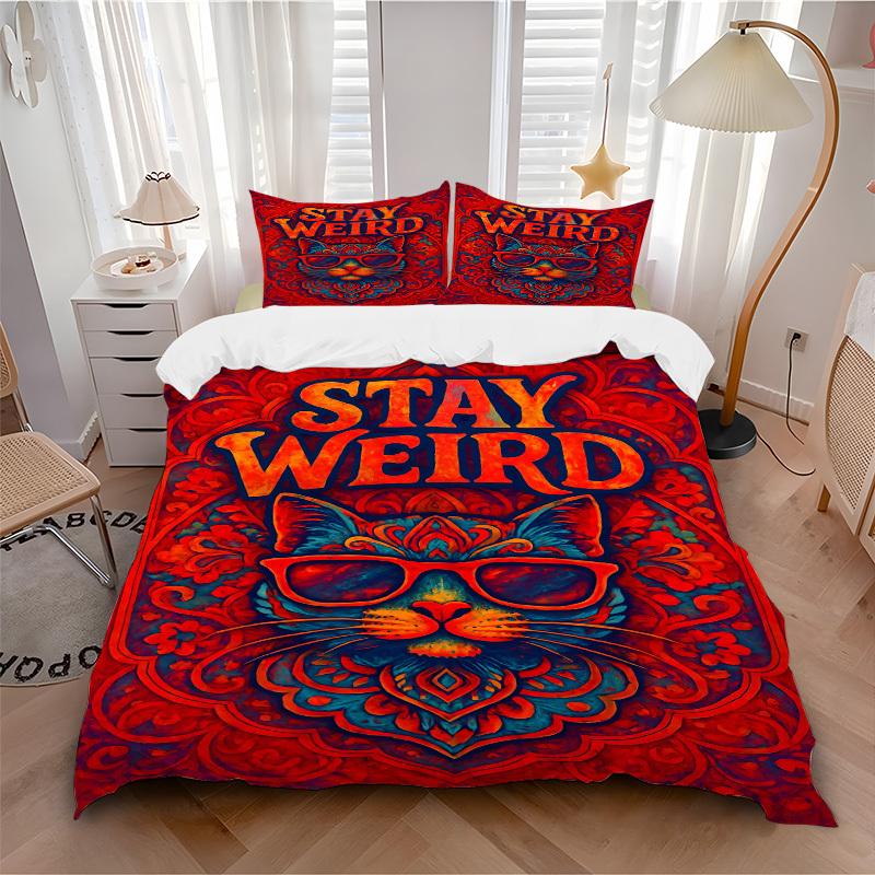 3pcs Stay Weird Cat Duvet Cover Set, Soft Comfortable Duvet Cover,Guest Room (1*Duvet Cover + 2*Pillowcase, Without Core) yy251104167