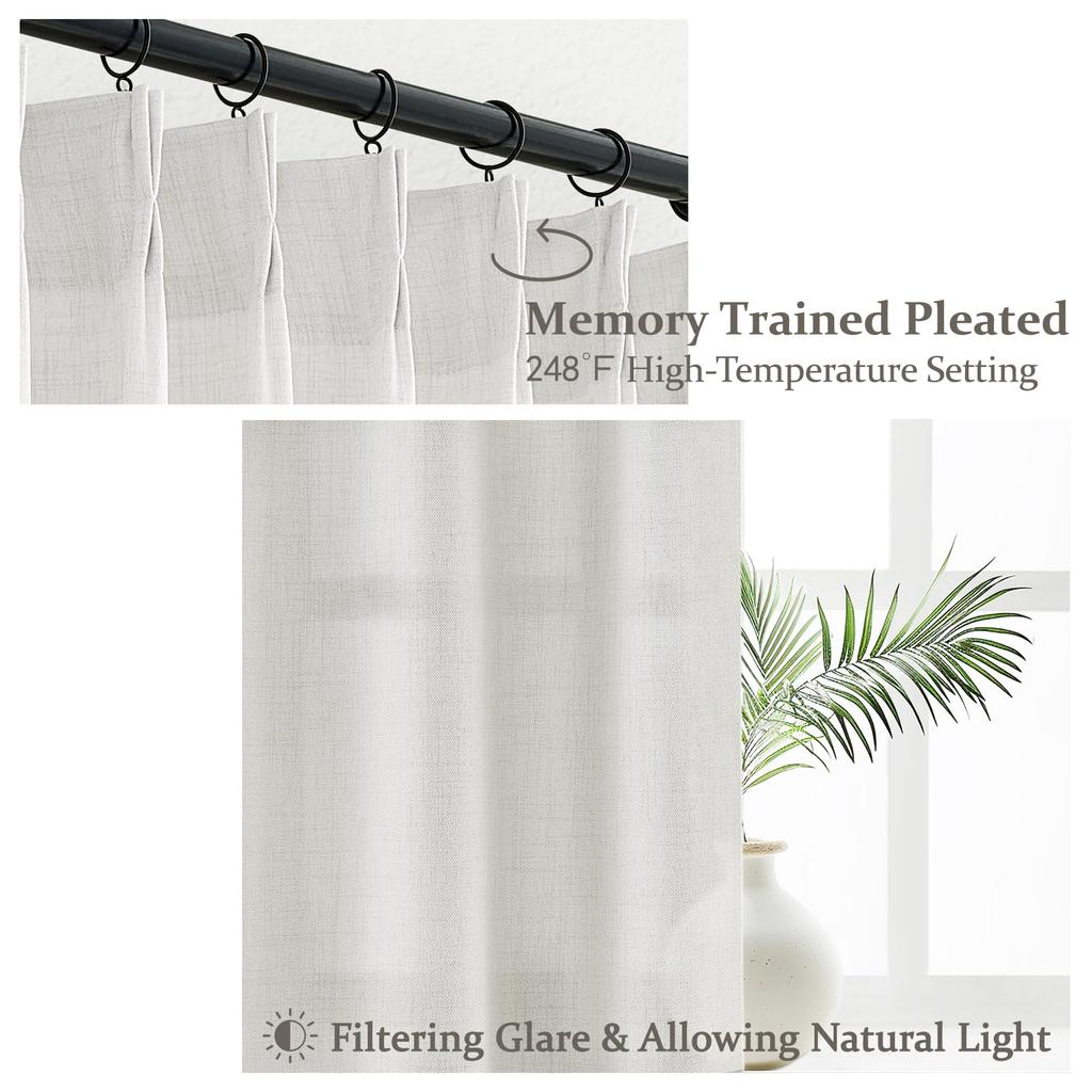 Linen texture living room curtain pleated design shading soft gauze curtain White 2 pieces 107cm * 228cm