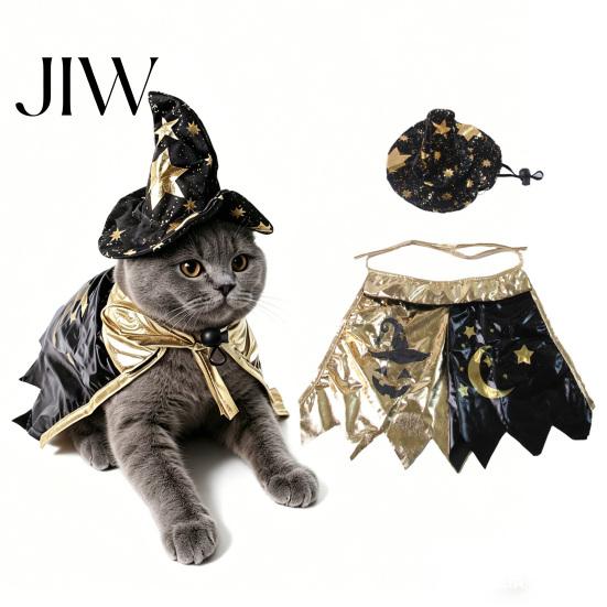 Pet Costume for Running Dogs 1 Set Halloween Cat Witch Costume, Black Cape And Wizard Hat, Moon Small Dog Outfit Star Cloak Pointed Hat