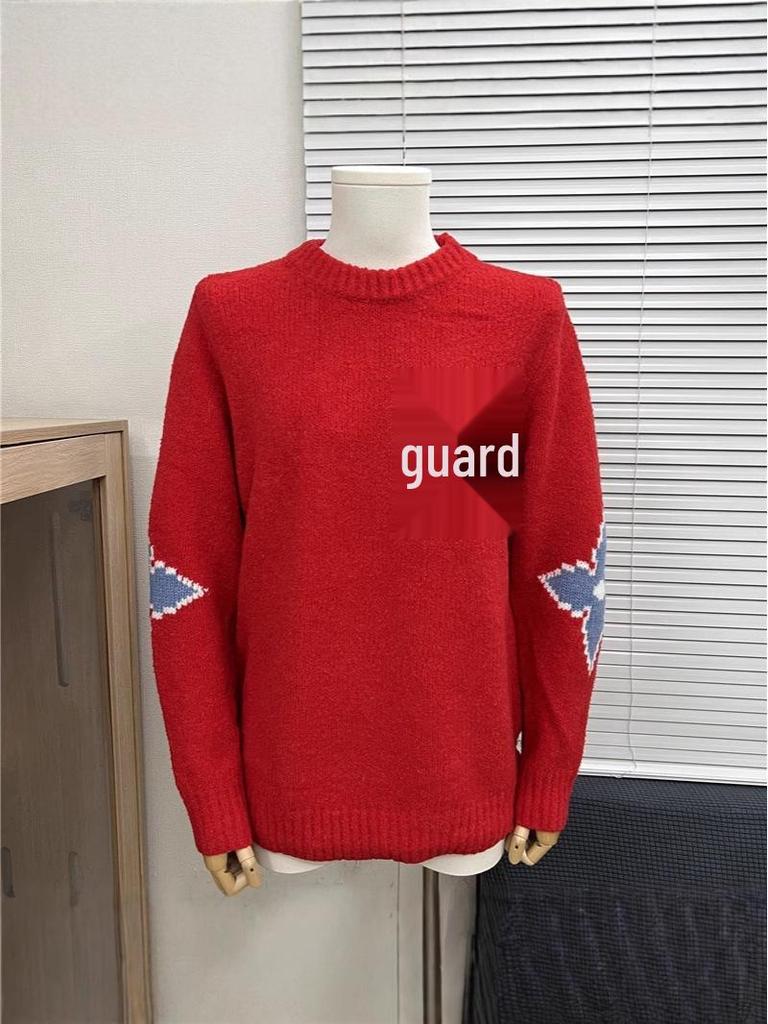 Men's and Women's Long-Sleeve Knitted Sweater with Donkey Family and Four-Leaf Clover Jacquard Design