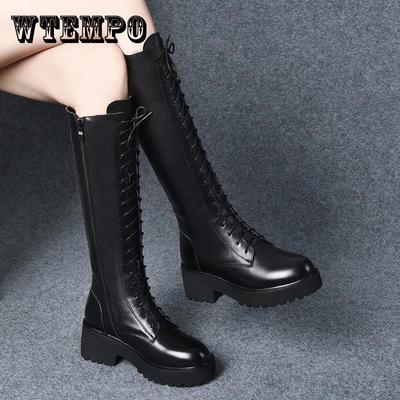 Женские теплые зимние сапоги из мягкой искусственной кожи, осенне-зимние плюшевые длинные сапоги на шнуровке большого размера на толстом среднем каблуке