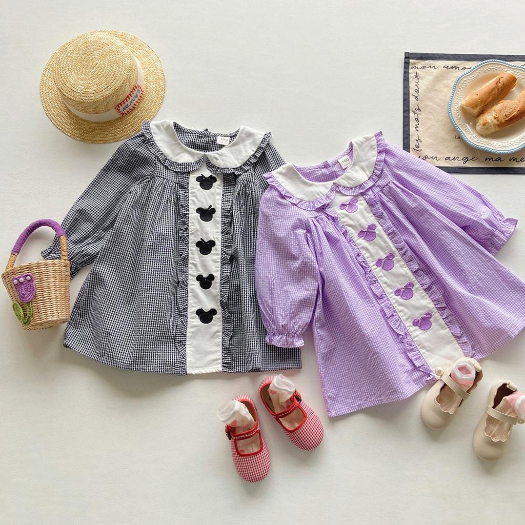 Spring Girls Plaid Dress With Cartoon Embroidery Peter Pan Collar And Bow Long Sleeve Princess Dress For Kids