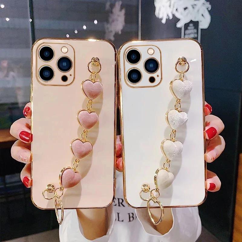 Плюшевый чехол-браслет Love Heart для Realme C55 C53 C35 C33 C31 C30 C21 C21Y C20 C17 C15 11 10ProPlus, силиконовый чехол с цепным покрытием