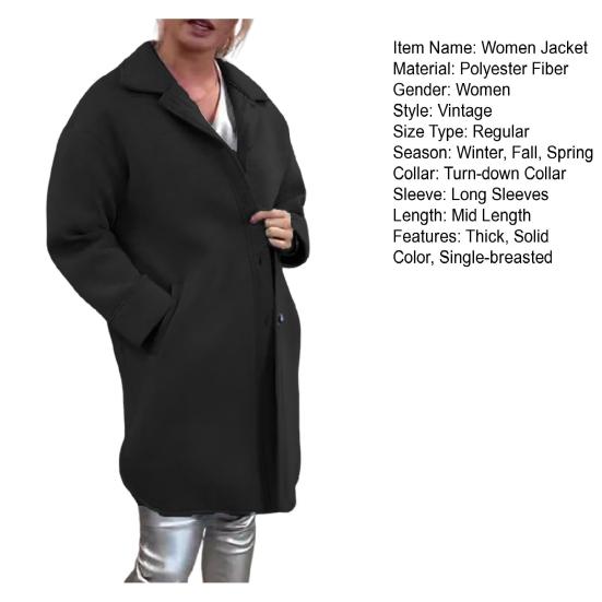 Women Winter Overcoat Single-breasted Retro Turn-down Collar Long Sleeves Buttons Cardigan Mid Length