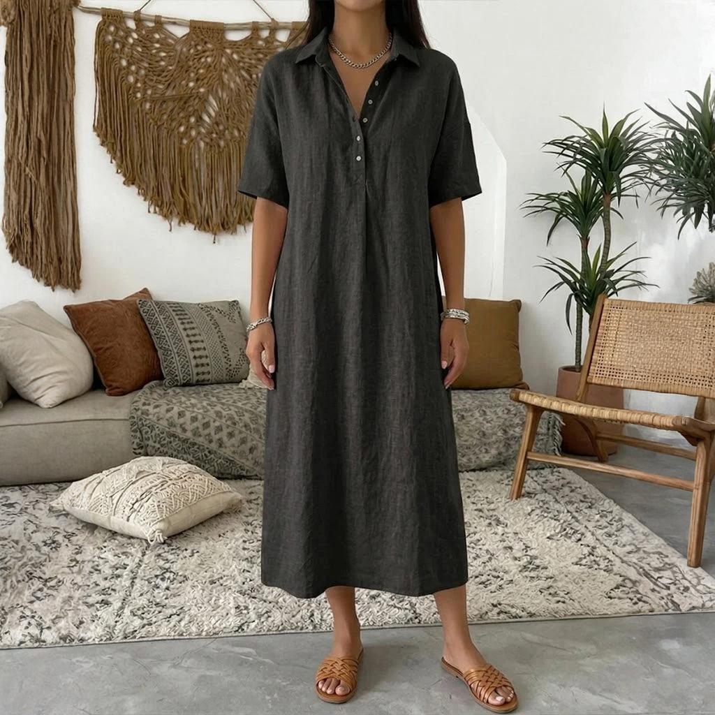 Женское прямое и удобное льняное платье с V-образным вырезом и коротким рукавом