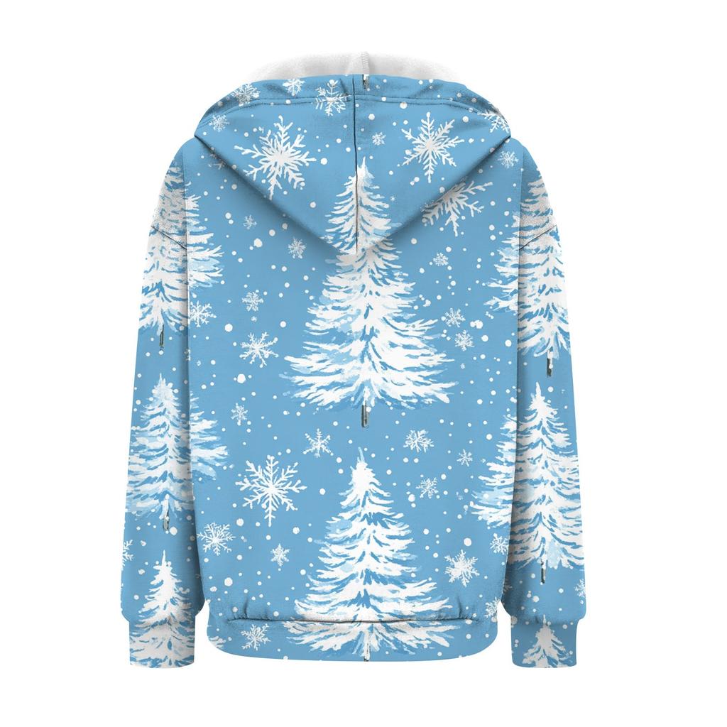 Женская рождественская печатная толстовка осень-зима с длинным рукавом кардиган куртка с карманами на молнии толстовка с капюшоном верхняя одежда