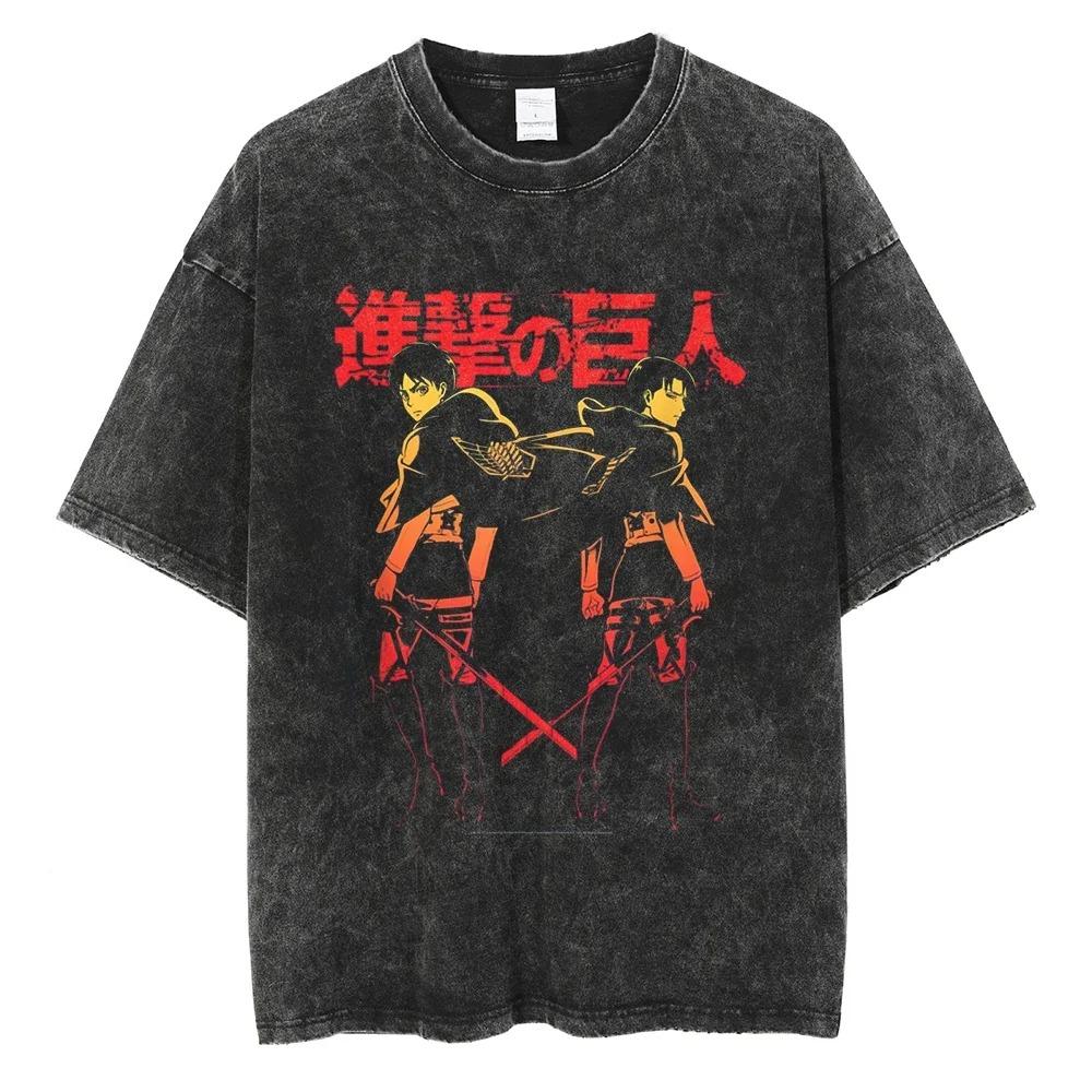 Washed Attack On Titan Cotton Mens Vintage Japan Anime Oversize Shirts Streetwear Short Sleeve TShirt Loose Cotton Tops