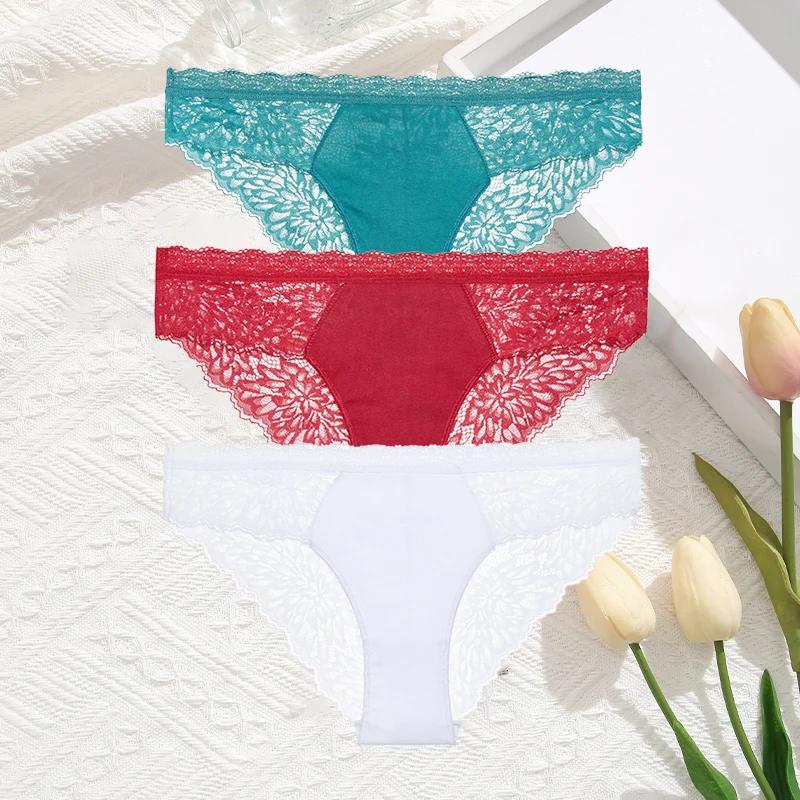 3Pcs/Set Women Sexy Lace Panties Transprant Hollow Out Low Waist Briefs Female Solid Soft Breathable Comfort Underwear Lingerie