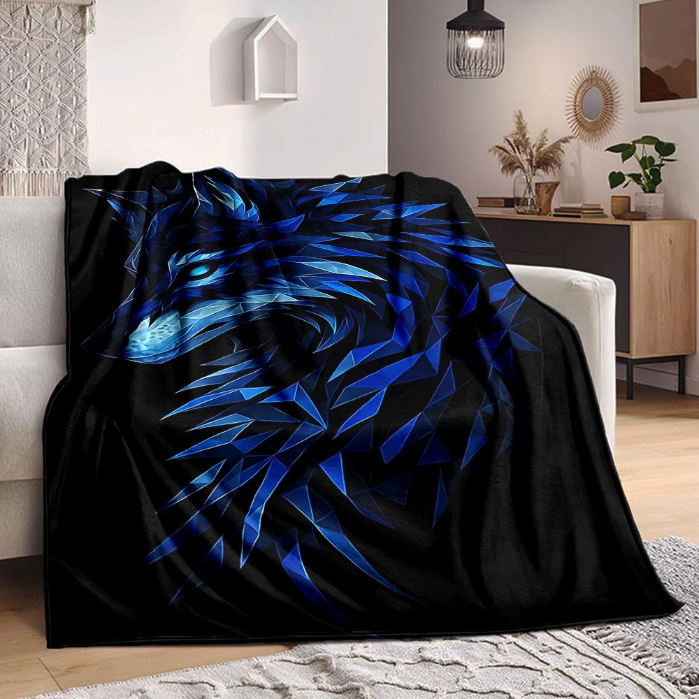 1pc Blue Wolf Head Soft & Warm Polyester Knit Blanket, Digital Printed, All-Season Throw for Napping, Traveling, Sofa yy250906030