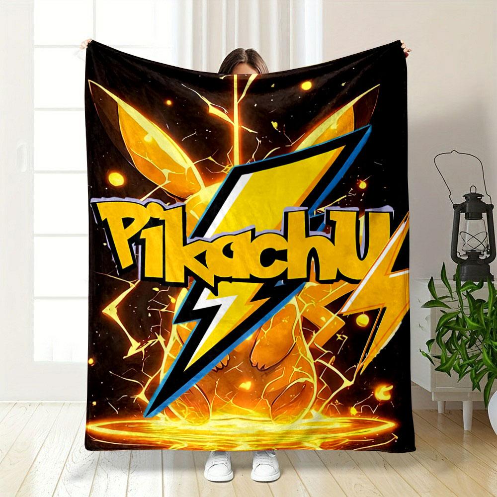 Yellow lightning bolts and glowing effects surrounding Pikachu text art. for all seasons blanket lunch break throw gift