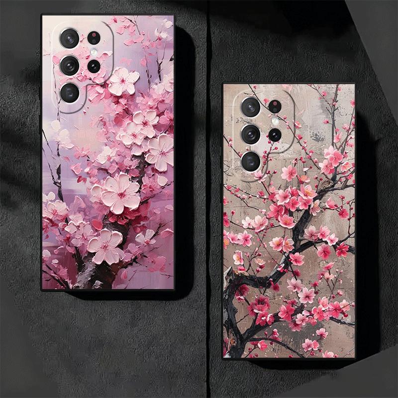 Чехол-накладка для Samsung Galaxy S26 S25 Edge S24 Ultra S23 Plus S22 S21 FE S20, мягкий, с рисунком Сакуры (Цветущей вишни), Черный