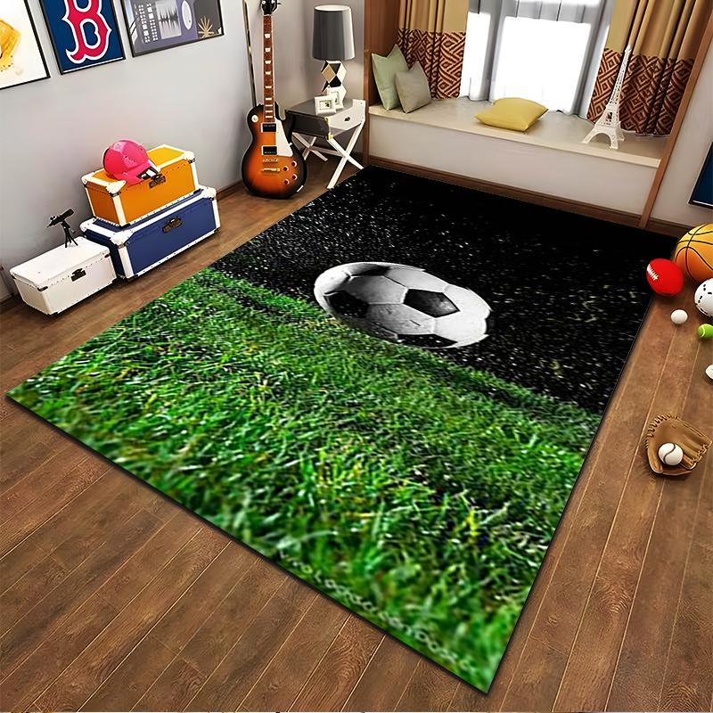 Soccer Ball and Grass Pattern Carpet, Sports Theme Room Rug Design Suitable for use as an anti-slip for living room bedroom sofas