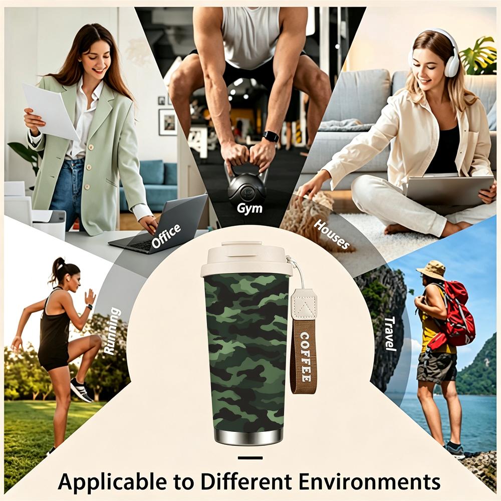 Camouflage Print Stainless Steel Insulated Coffee Tumbler Vacuum Travel Mug,Reusable Leakproof Cup for Outdoor Hiking Sports