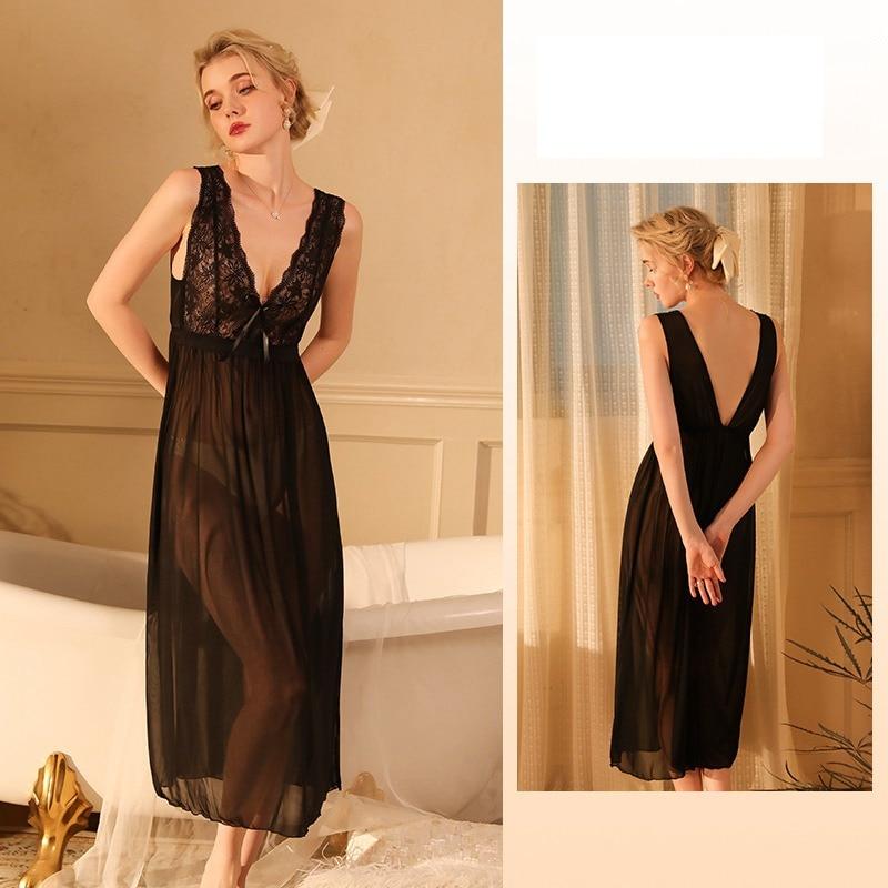 Sexy Nightgown Women Transparent Sleepwear White Ladies Lace Long Gowns Nightdress Sleeveless Wedding Night Dresses Low-cut