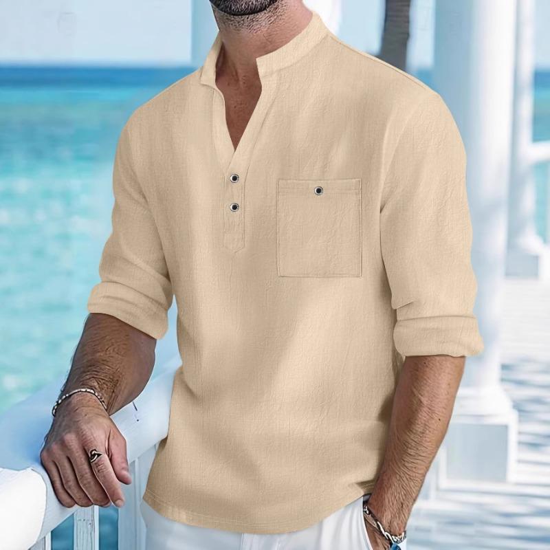 Men Mandarin Collar Half Placket Chest Pocket Linen Blend Long Sleeve Shirt
