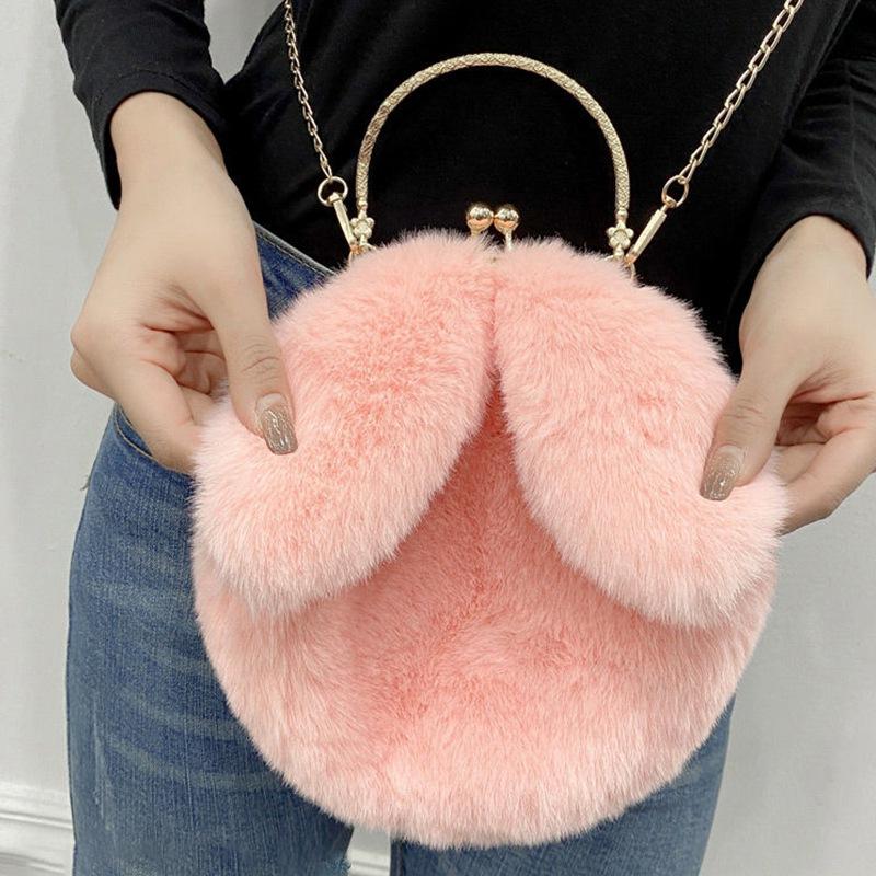 Plush Crossbody Bag Handheld Princess Bag Imitation Fur Bag Female Chain Bag Hundred with Cute Rabbit Ears Package