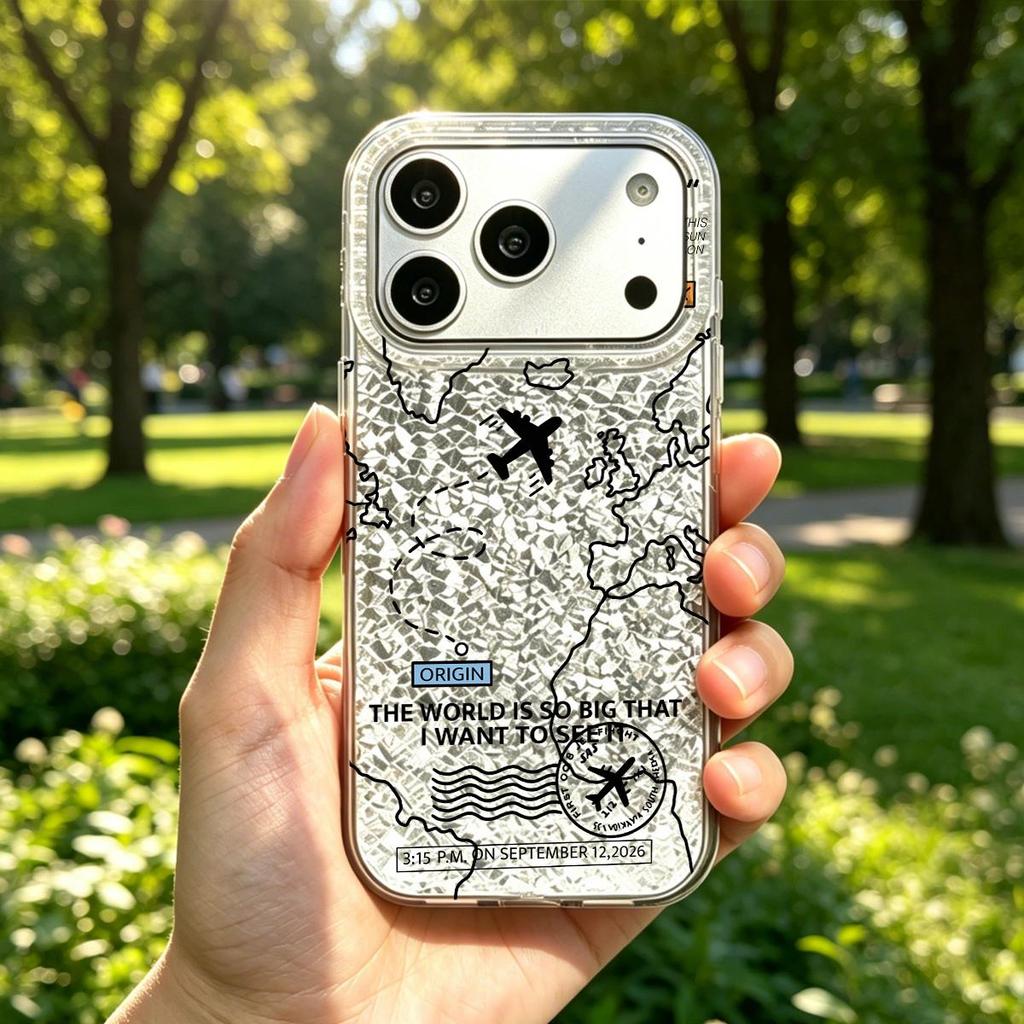 Travel - Theme Illustration Case for iphone 13 14 16 Plus XS Max 17 Pro Air 15 12 18 Pro Max XR 11 Silver Crushed Foil Cover