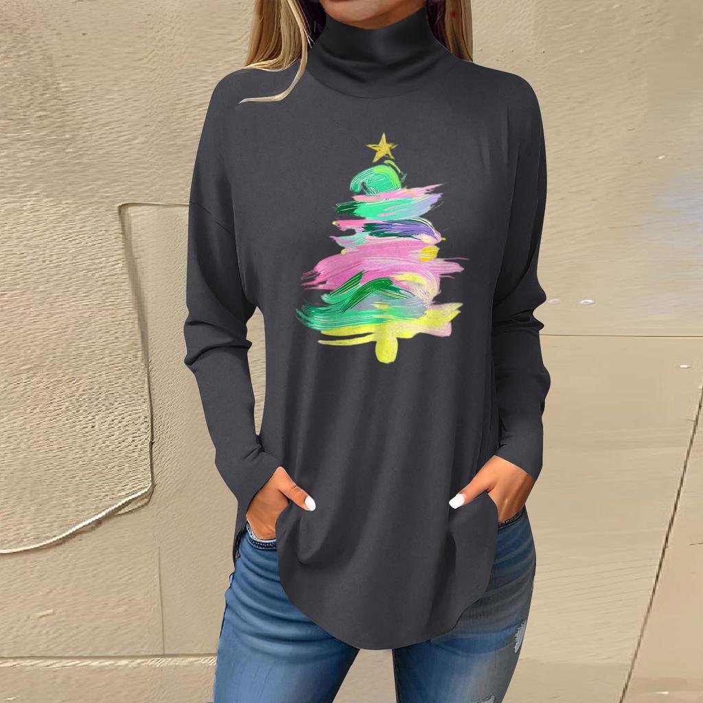 Women's Fashionable Loose-Fit High-Neck T-Shirt With Christmas Print Long-Sleeved Top