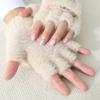 Winter Warm Soft Rabbit Fur Knit Mittens Women Flip Half Finger Plush Thick Cute Cartoon Cat Claw Touch Screen Driving Gloves I1