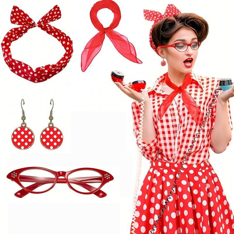 Festival Party Cosplay Set 1950s Retro Polka Dot Earrings Headband Glasses Costume