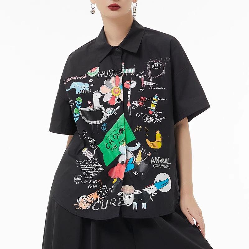 DIMANAF 2024 Плюс Размер Новая Летняя Стильная Блузка Винтаж Ретро Дизайн С Коротким Рукавом Красочный Принт Повседневная Рубашка Женская Свободная Рубашка Рубашка С Принтом