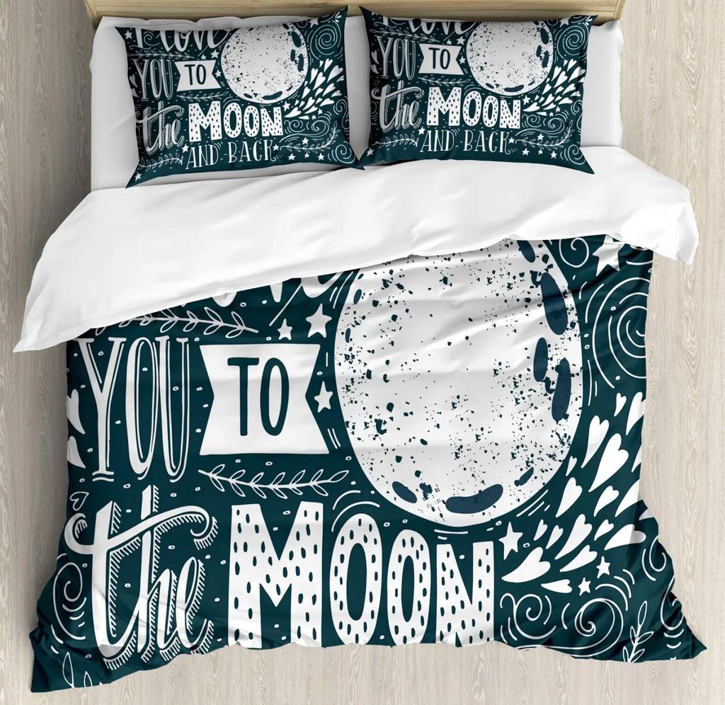 I Love You Duvet Cover Hand Drawn I Love You To The Moon and Back Words with Stars Celebration King Size Polyester Bedding Set