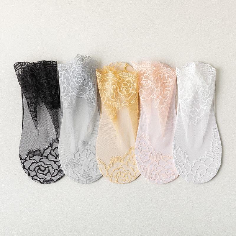 Women's Rose Lace Cotton Socks - Summer Breathable Short Thin Socks In Black