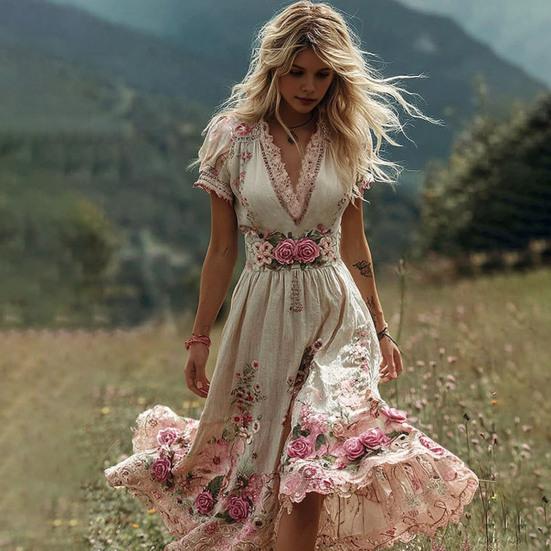 Женское длинное платье с цветочным принтом, короткий рукав, V-образный вырез, расклешенное платье, бохо, струящееся, А-силуэта, повседневное, для выпускного, вечеринки, на свадьбу