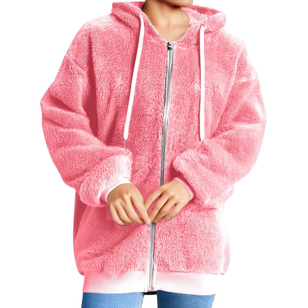 Women's Fashionable Warm Fleece Solid Color Hoodie Zipper Pocket Casual Jacket