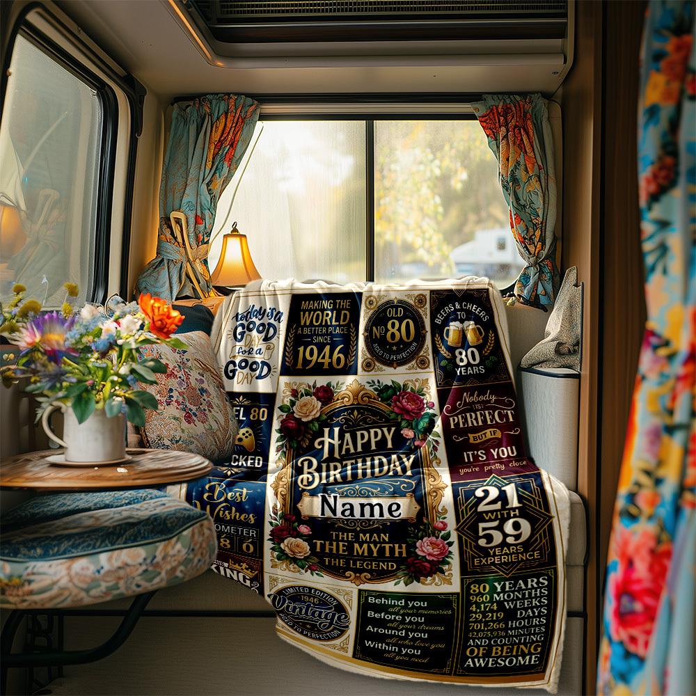 Vintage Birthday Celebration Blanket Personalized Name Soft Comfortable Stylish Blanket Car Blanket Perfect For Travel Camping Outdoor Home Suitable