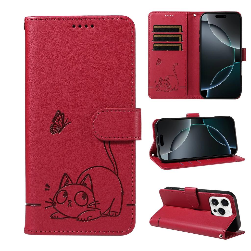 Leather Wallet Flip Case For OPPO Reno 15 Pro Max mini 15F 14 14F 13 13F 12 12F 11 11F 10 Cat and Butterfly Embossed,Wrist Strap