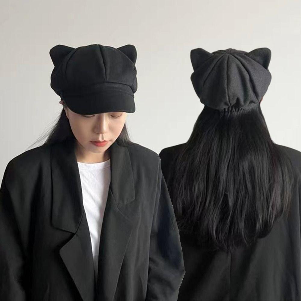 Cute Cat Ears British Beret Hat Solid Color Unisex Octagonal Cap Fashion Cat Ear Hat  for Women