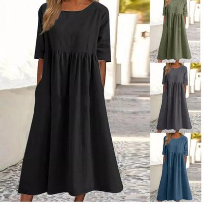 Женское модное платье с принтом, летнее повседневное пляжное платье, богемная женская одежда, однотонное платье из хлопка и льна