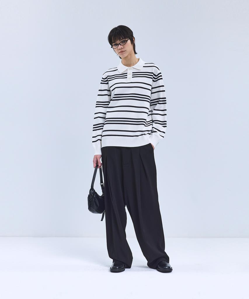IRONYPORNO WHITELINE 86-Iroj358 Collared Neck Small Striped Long Sleeve Knit White