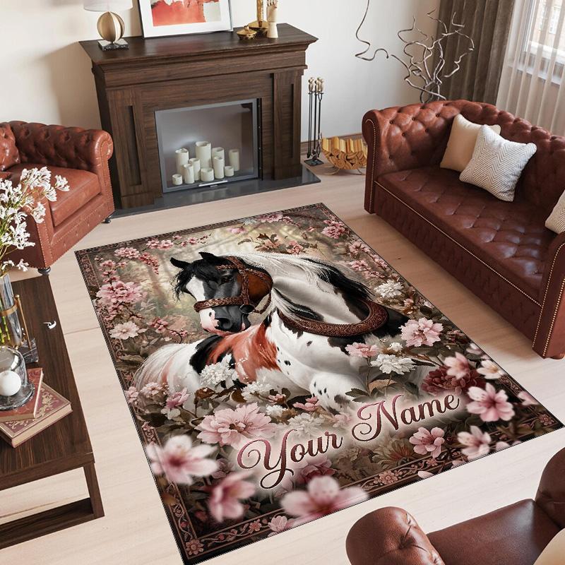 Horse Theme Crystal Velvet Floor Rug Personalized Custom Name Text Warm Carpet Home Decoration