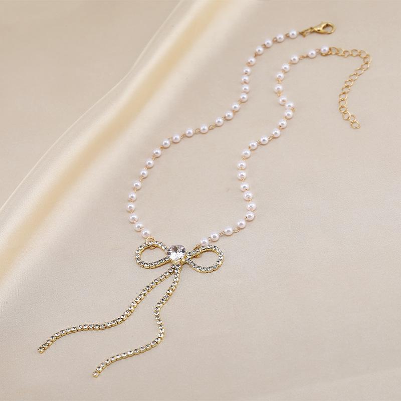 Factory Dongmen Bow Zircon Necklace Women'S Fashion Personality Autumn And Winter Sweater Chain Collarbone Chain