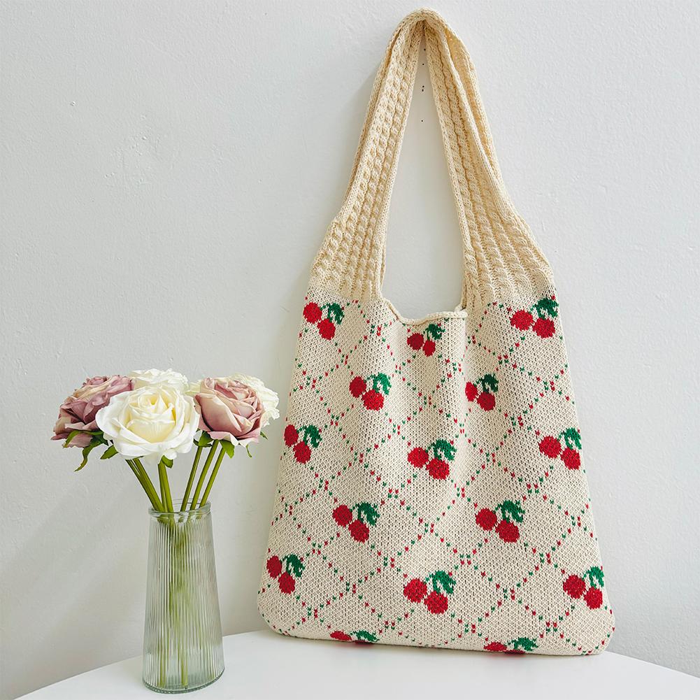 Модная вязаная сумка через плечо с вишнями для женщин, плетенная из рафии, бохо-сумка, большая дорожная сумка для покупок, повседневная сумка-тоут, связанная крючком