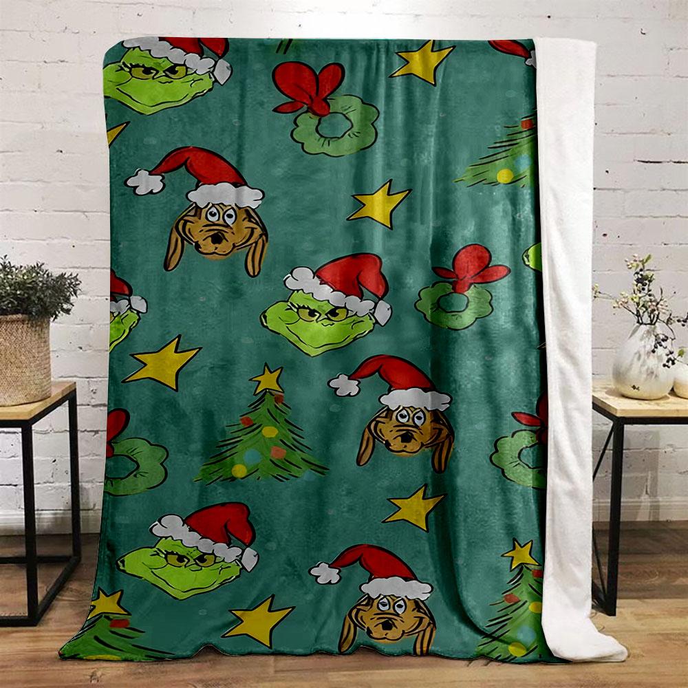 Holiday Grinch and Dog Pattern Patterned flannel blanket perfect for the bedroom living room, sofa, or a little nap