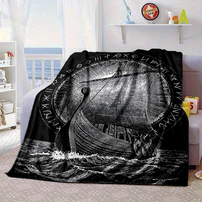 Viking Ship At Sea Blanket Flannel Blanket for bed, sofa, Camping, Hiking, Picnic Essentials, gift for family Fan gifts