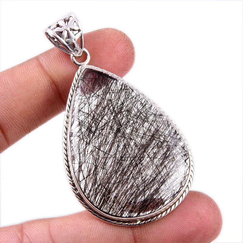 Natural Black Rutile Gemstone 925 Solid Sterling Silver Gift Pendant 2.25" Z5u81