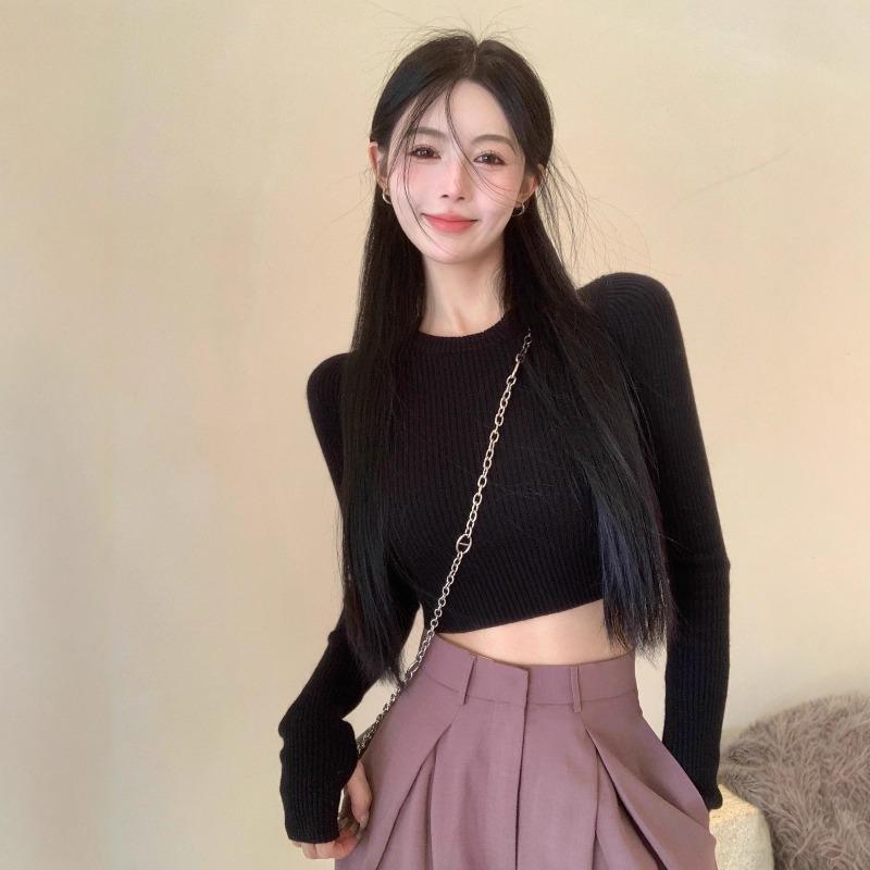 Gray Long-sleeved Knitted Sweater Women's Inner Slim-fitting Short Open-button Tight Bottoming Shirt Top Tide